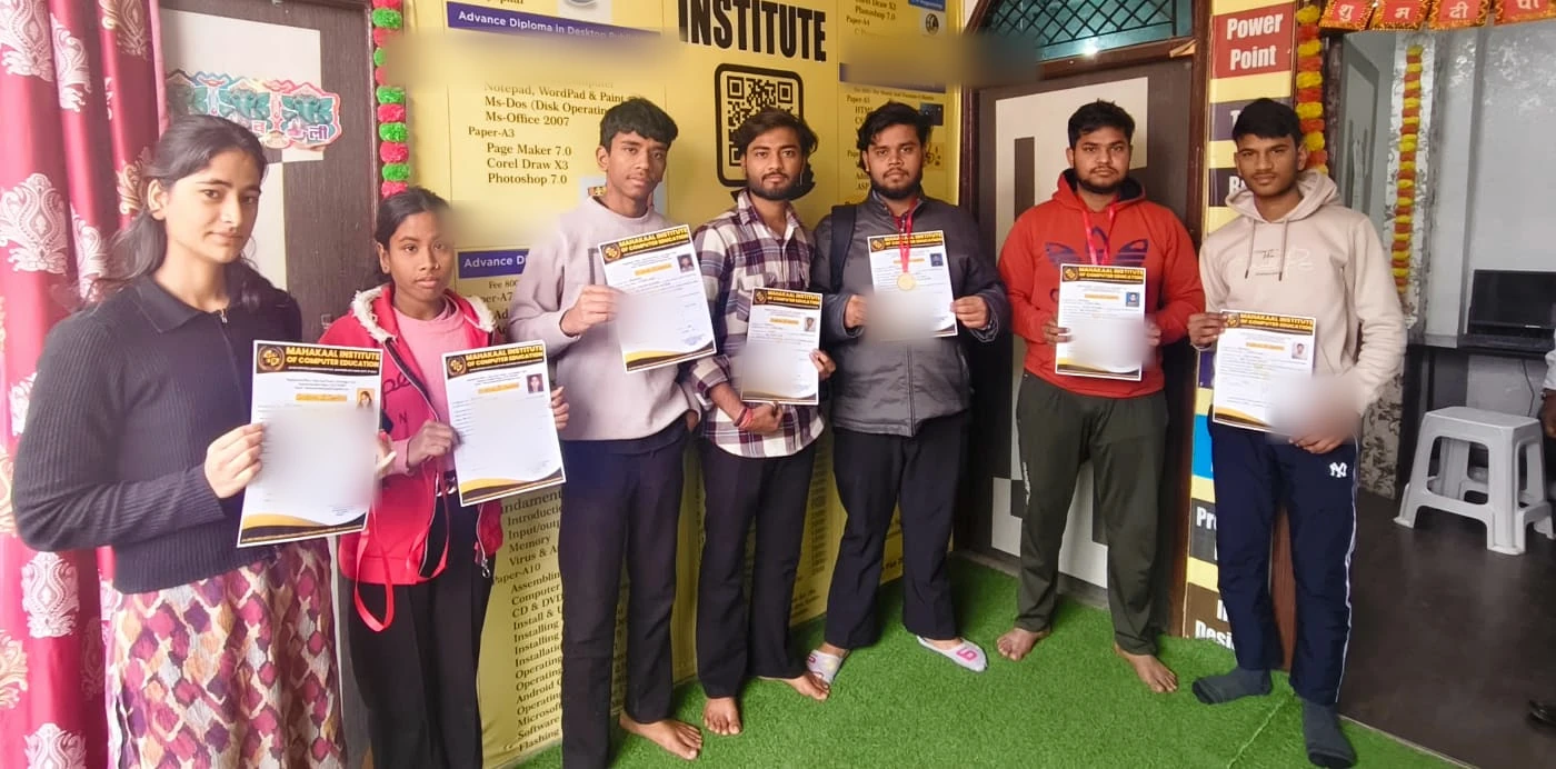 Students holding course completion certificates at Mahakaal Institute